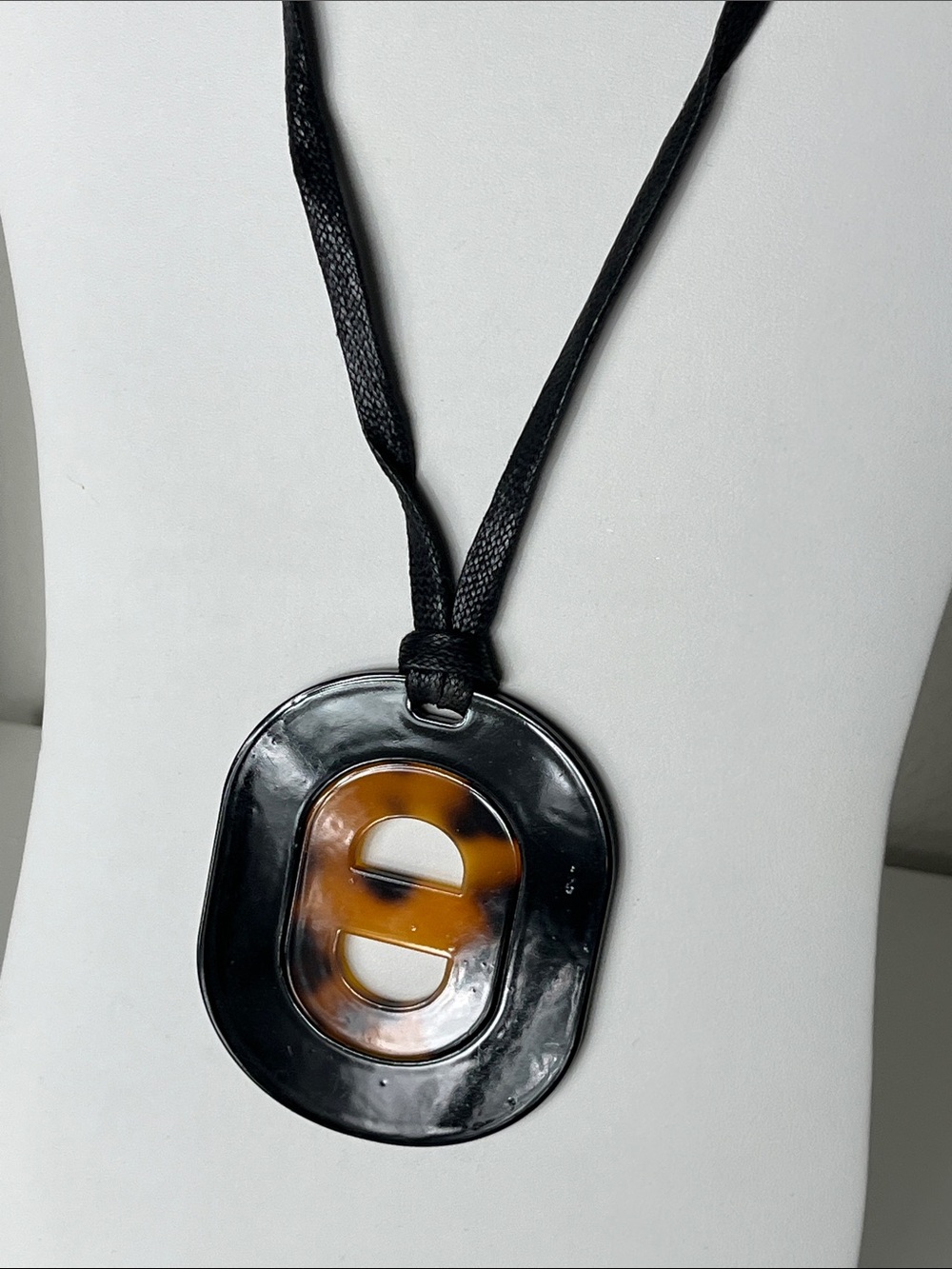 Black and Tortoiseshell Pendant Necklace on Black Cord